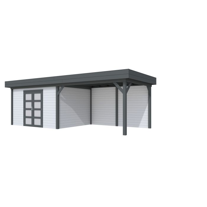 Hillhout vuren Topvision tuinhuis Parelhoen 400x300cm met luifel 400cm, met dubbele deur, wanden antraciet, basis lichtgrijs (1001683-23)