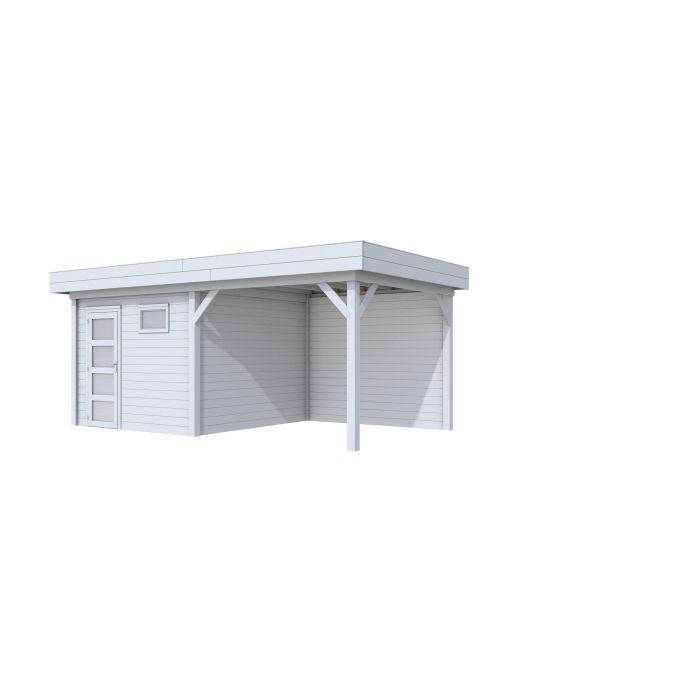 Hillhout vuren Topvision tuinhuis Tapuit 300x300cm met luifel 300cm, met enkele deur en raam, lichtgrijs gespoten (1001812-05)