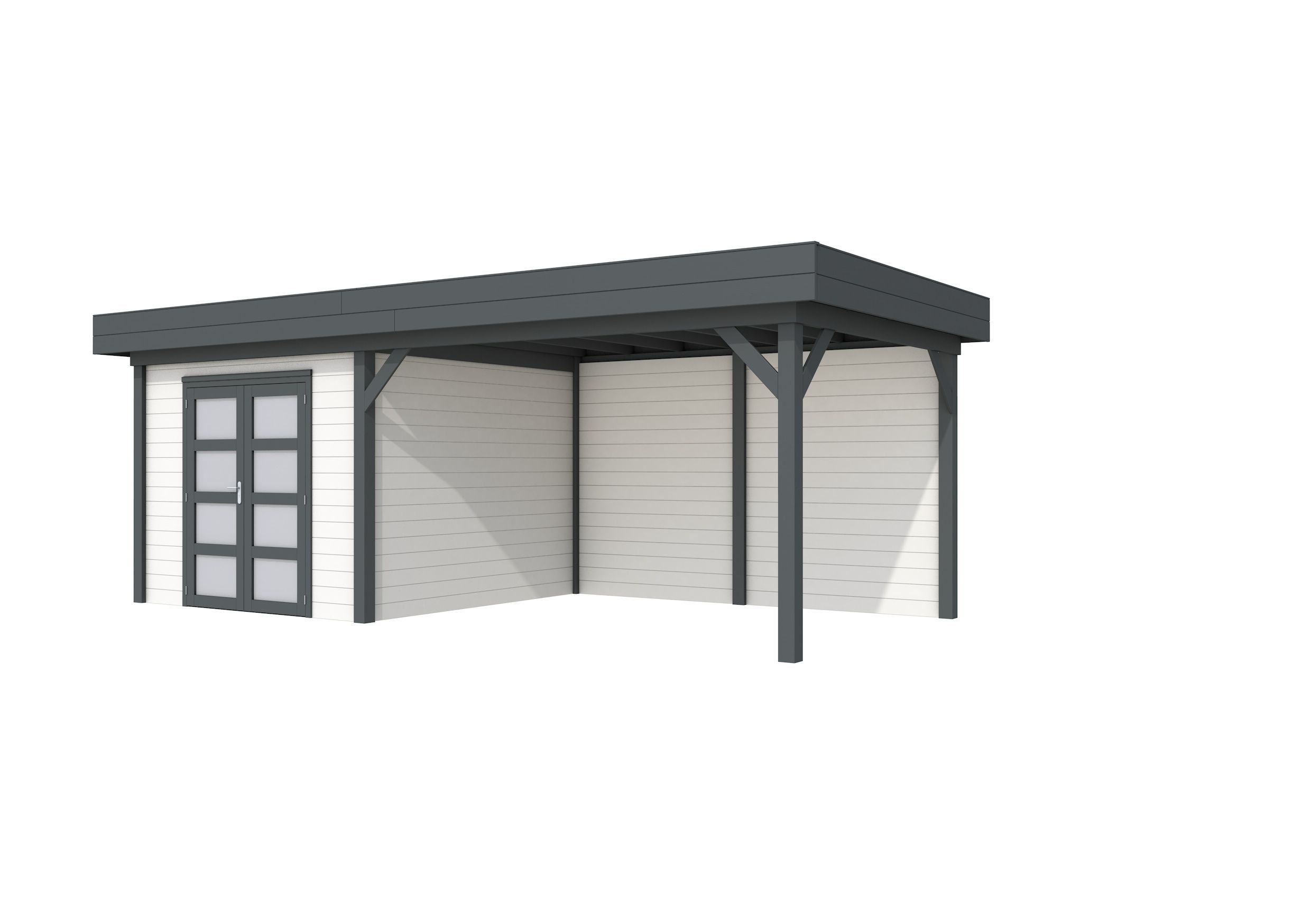 Hillhout vuren Topvision tuinhuis Bosuil 300x300cm met luifel 400cm, met dubbele deur, wanden antraciet, basis wit (1001716-21)
