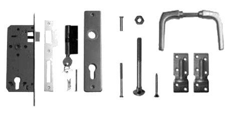Aluminium deurklink met langschild, cilinderslot en duimen, t.b.v. deuren op stalen frame (W19005)